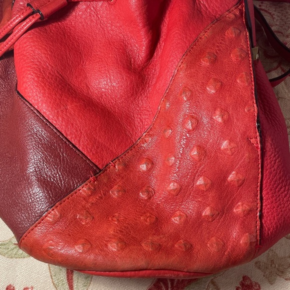 Halston Heritage Red Patchwork Ostrich Pebbled Burgundy Leather Hobo Bucket Bag - Picture 16 of 16